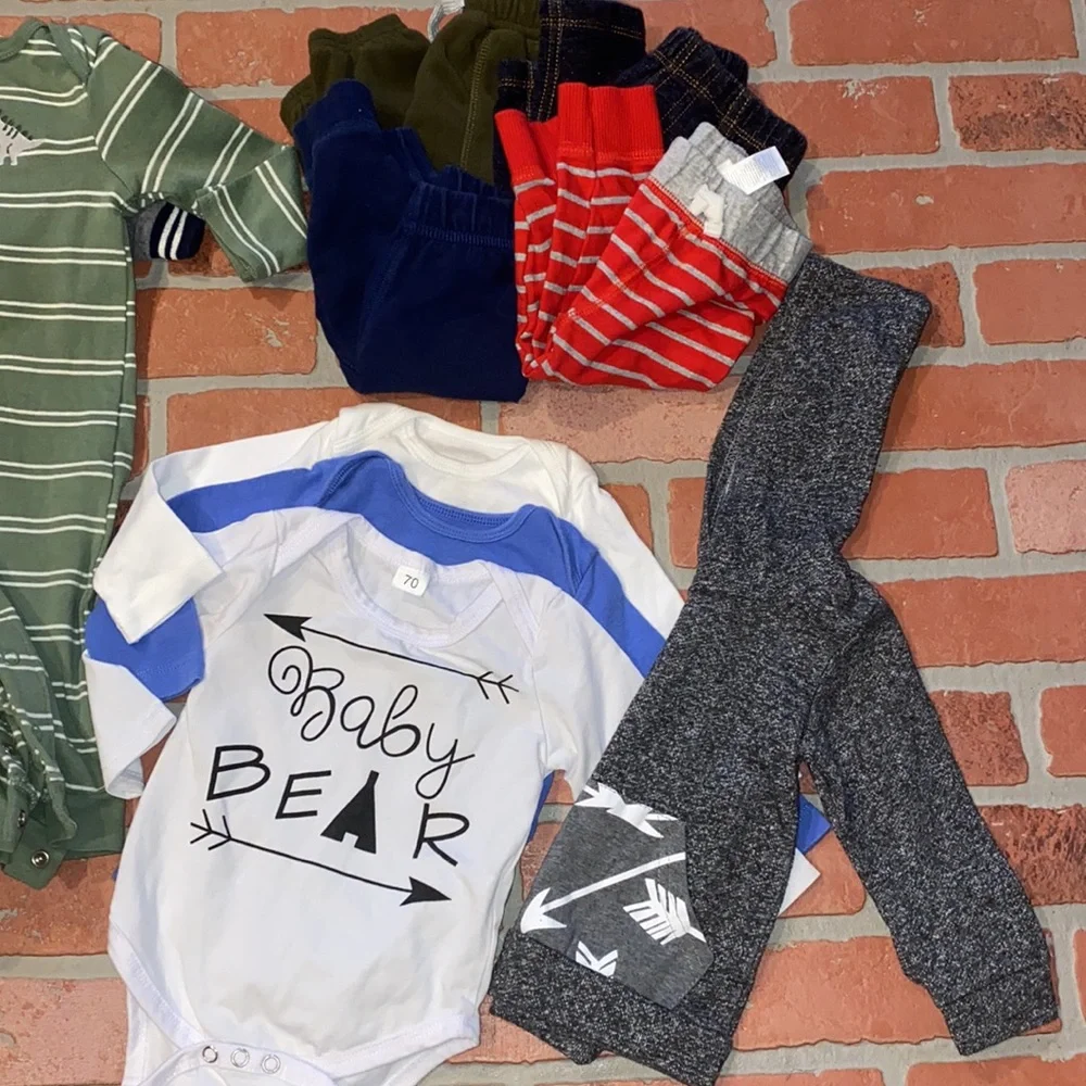 Babyboy 6m fall/winter footie, romper, onesie bundle!!